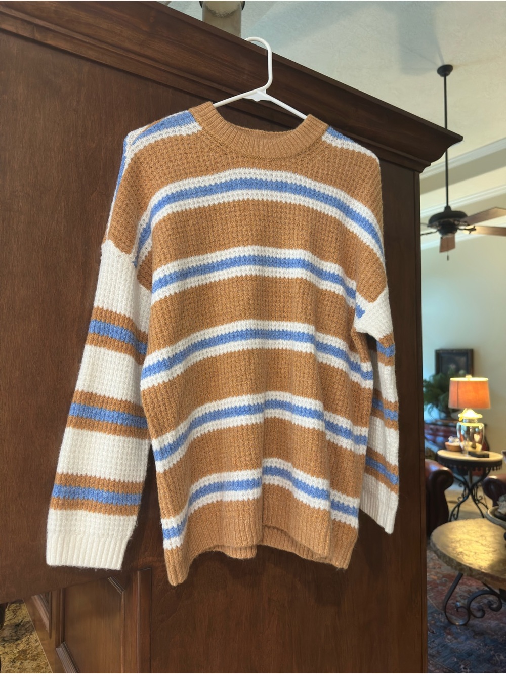 Men's Striped Crewneck Sweater in Camel, White & Blue